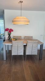 Eettafel eikenhout blad rvs poten, Ophalen, Gebruikt, Eikenhout, 50 tot 100 cm