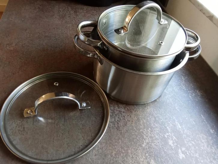Pannenset( 2st)-geborsteld aluminium+ glazen deksel-dia17/20, Huis en Inrichting, Keuken | Potten en Pannen, Nieuw, Pannenset