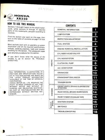 Honda XR250 1979-1980 Service Manual beschikbaar voor biedingen