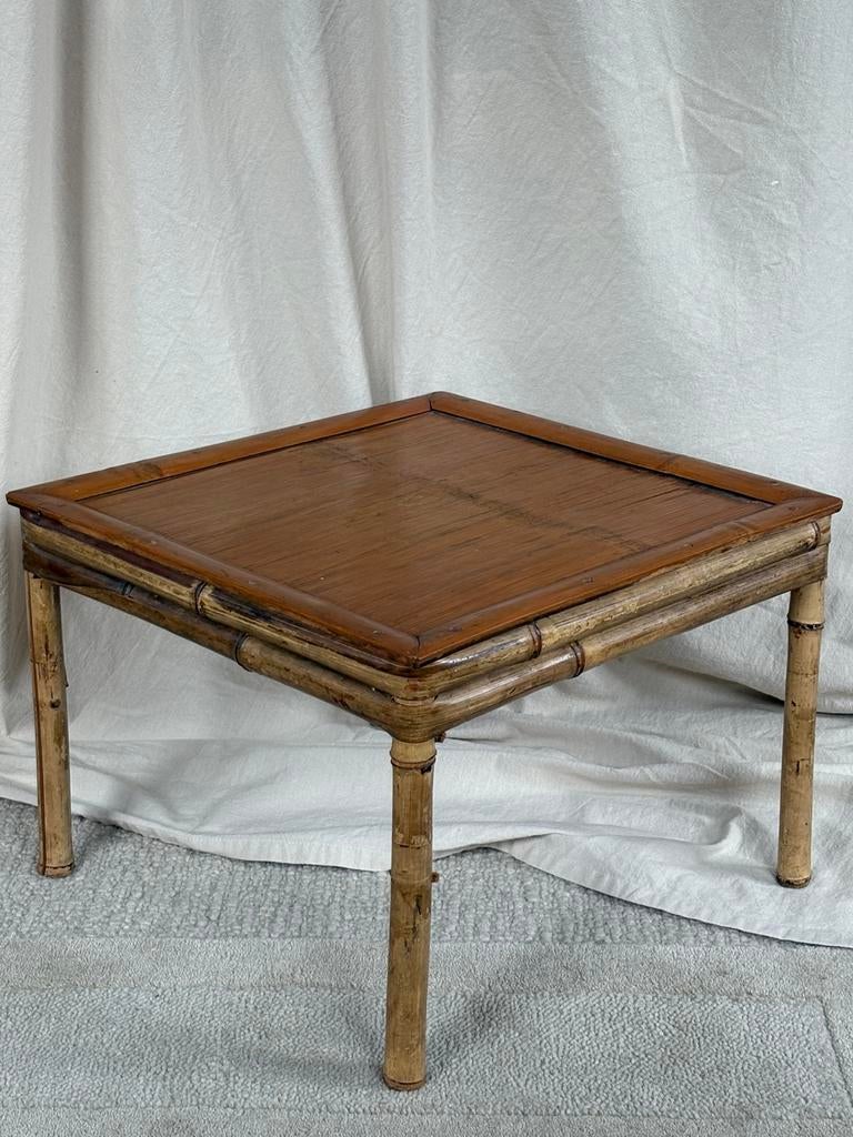 Vintage boho vierkanten bamboe tafeltje 39x39cm, Huis en Inrichting, Tafels | Bijzettafels, Minder dan 55 cm, Ophalen of Verzenden