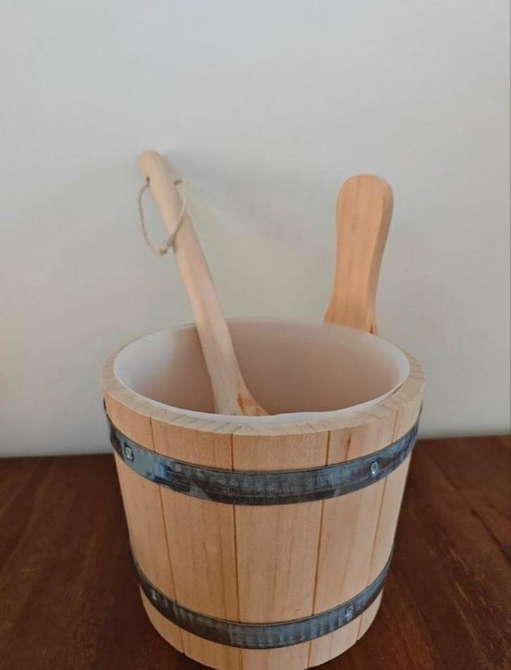 Sauna Emmer + opgiet lepel hout- Zo Goed Als Nieuw!, Sport en Fitness, Sauna, Zo goed als nieuw, Toebehoren, Ophalen