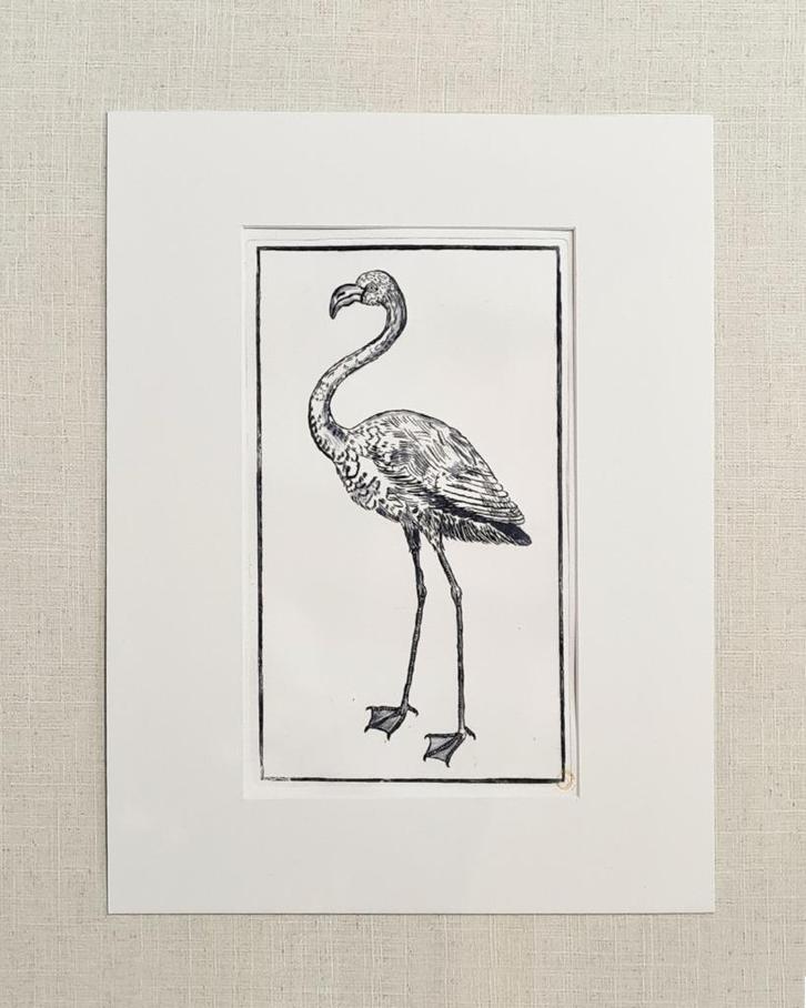 Ets Flamingo met passe partout 30x40 cm, Huis en Inrichting, Woonaccessoires | Schilderijen, Tekeningen en Foto's, Nieuw, Print