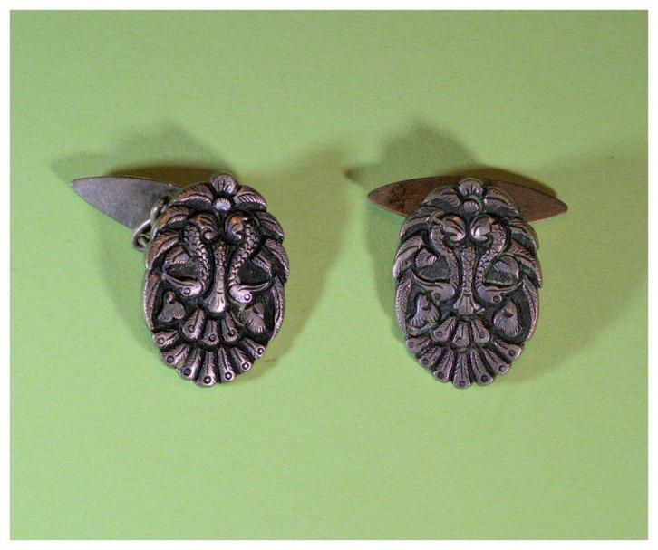 Antieke zilveren manchetknopen pauwen, Sieraden, Tassen en Uiterlijk, Manchetknopen, Zo goed als nieuw, Zilver, Verzenden