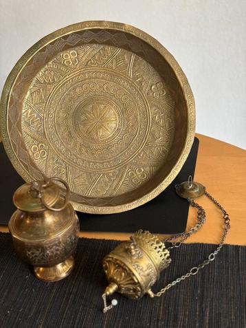 Vintage/Boho; koperen pot, schaal/dienblad en wierookhouder beschikbaar voor biedingen