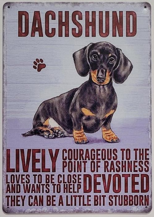 Dachund teckel eigenschappen hond reclamebord van metaal, Dieren en Toebehoren, Honden-accessoires, Nieuw, Ophalen of Verzenden
