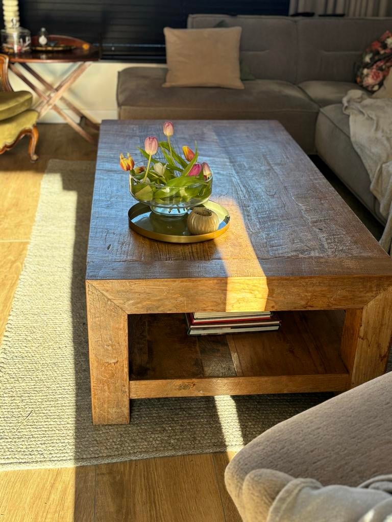 Houten salontafel met opbergruimte, Ophalen, Gebruikt, 100 tot 150 cm, Teakhout