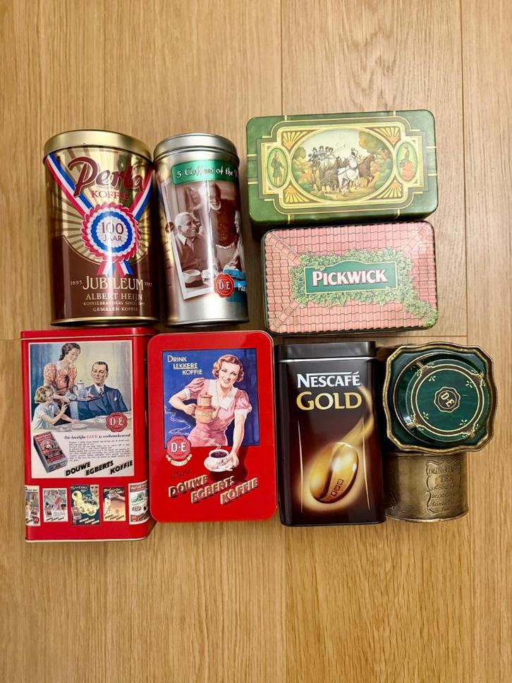 Verzameling koffie en thee bewaarblikken (9 stuks), Verzamelen, Blikken, Gebruikt, Koffie, Douwe Egberts, Ophalen of Verzenden