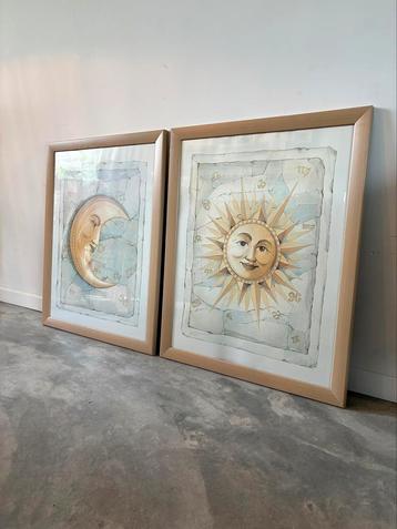 Set vintage zon & maan posters in lijst – astrologie thema beschikbaar voor biedingen