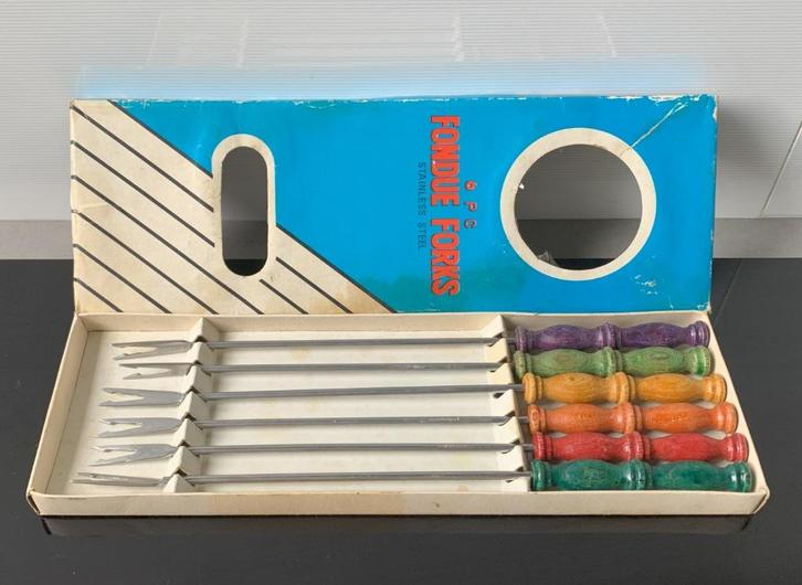 Set 6 kleurige fonduevorkjes - jaren '80 vintage, Witgoed en Apparatuur, Fonduesets, Gebruikt, Ophalen of Verzenden