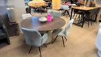 Eettafel rond 150 cm. Walnoot kleur, witte poot, Ophalen, 100 tot 150 cm, Nieuw, Vijf personen of meer