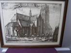 Oude prent Laurenskerk Rotterdam, ingelijst, gesigneerd, Minder dan 50 cm, Oorspronkelijke maker, Ophalen of Verzenden, Minder dan 50 cm