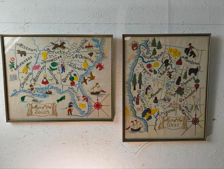 Jaren 30/40 Amerikaanse staten geborduurd, Antiek en Kunst, Kunst | Schilderijen | Klassiek, Ophalen of Verzenden