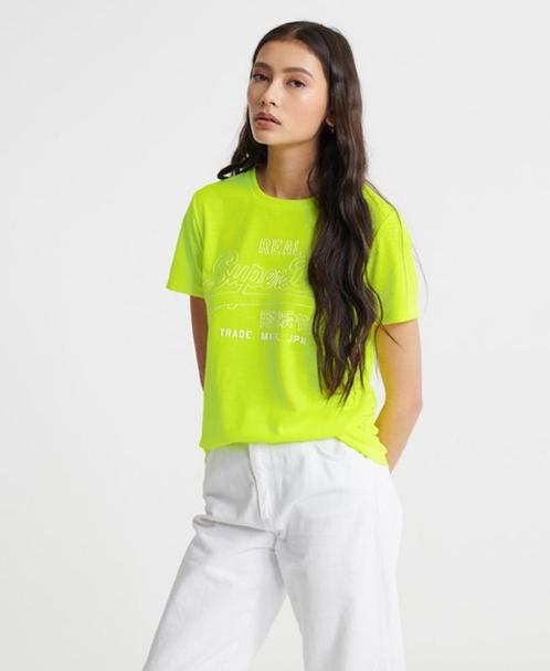 Z.G.A.N! Superdry dames t-shirt neon geel rubberen logo 36, Kleding | Dames, T-shirts, Zo goed als nieuw, Maat 36 (S), Geel, Korte mouw