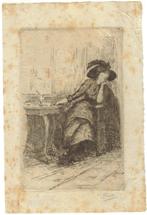 Johannes Abraham Mondt ets "Zittende Vrouw m. Hoed" 2 staten, Antiek en Kunst, Ophalen