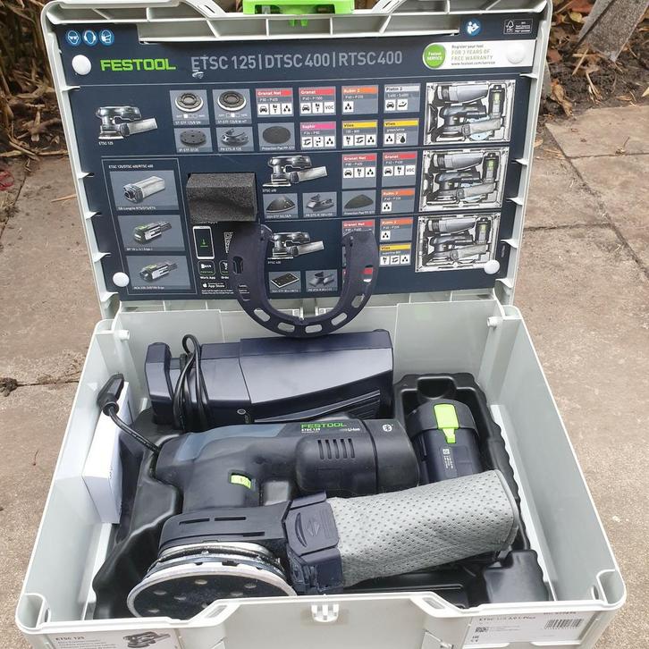 Nieuwstaat Festool ETSC 125   2 accu's  + lader, Doe-het-zelf en Verbouw, Gereedschap | Schuurmachines, Zo goed als nieuw, Excentrische schuurmachine