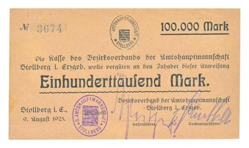 Duitsland 100.000 Mark 1923 Noodgeldbon Stollberg, Postzegels en Munten, Bankbiljetten | Europa | Niet-Eurobiljetten, Los biljet