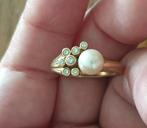 Goud 14 karaat ring met parel en briljantjes, Verzenden, Goud