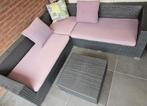 Loungeset bank + tafel / hocker + kussens, Tuin en Terras, Ophalen, Gebruikt, Kunststof
