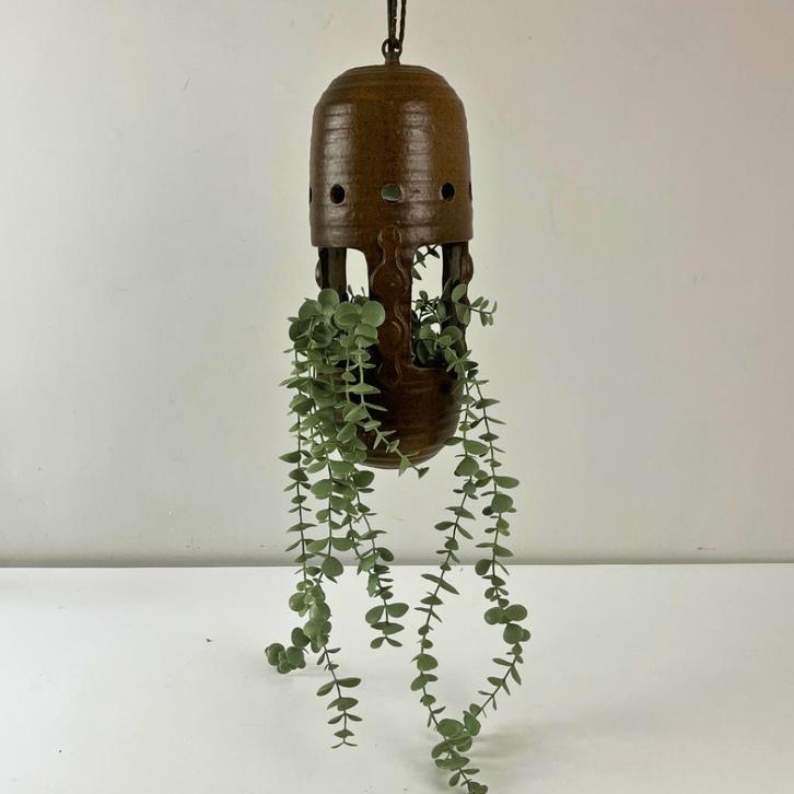Vintage plantenhanger van groen keramiek met verlichting, Tuin en Terras, Bloembakken en Plantenbakken, Gebruikt, Steen, Binnen