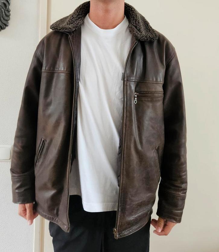 Bruine leren herenjas - Maat M, Kleding | Heren, Jassen | Zomer, Gedragen, Maat 48/50 (M), Bruin, Ophalen of Verzenden