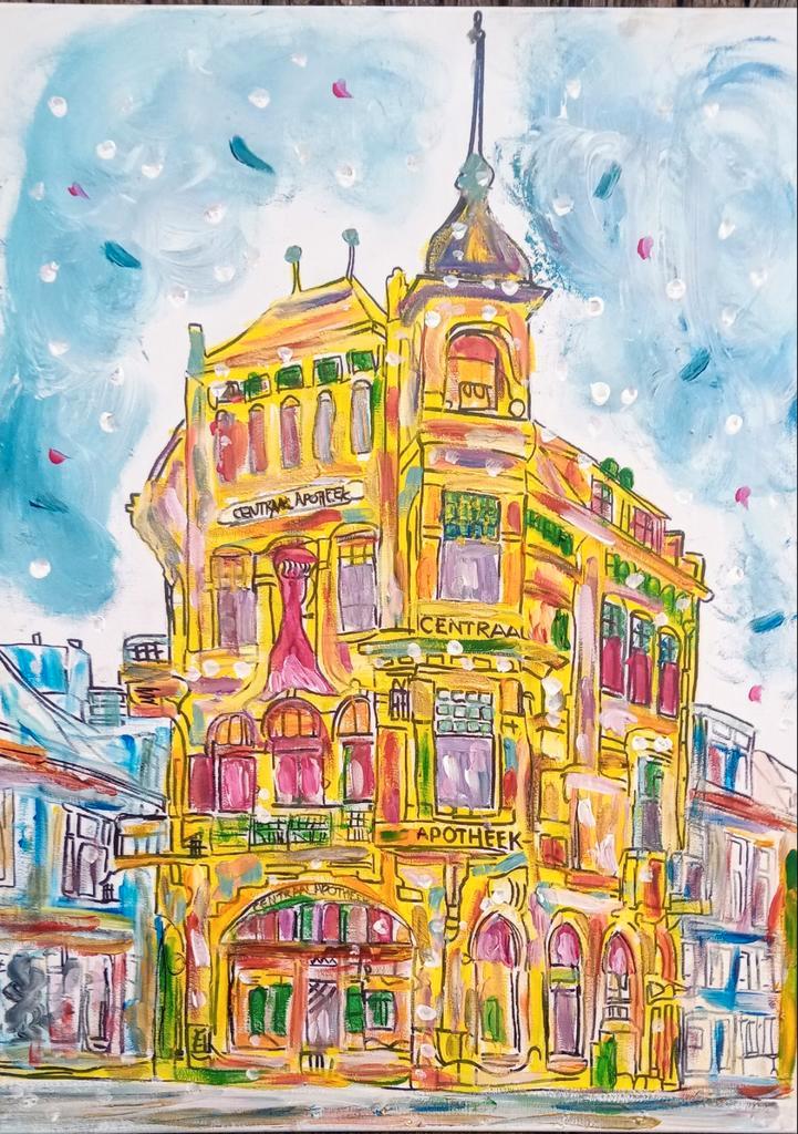 Schilderij Apotheek pand voorstreek Leeuwarden, Antiek en Kunst, Kunst | Litho's en Zeefdrukken, Ophalen of Verzenden