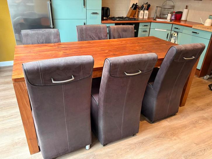 Houten eetkamertafel met 6 stoelen, Huis en Inrichting, Tafels | Eettafels, Gebruikt, 50 tot 100 cm, 150 tot 200 cm, Vijf personen of meer