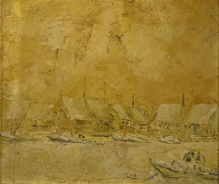 681. Olieverfschilderij, huisjes en boot, 2e helft 20e eeuw, Antiek en Kunst, Kunst | Schilderijen | Klassiek, Ophalen of Verzenden