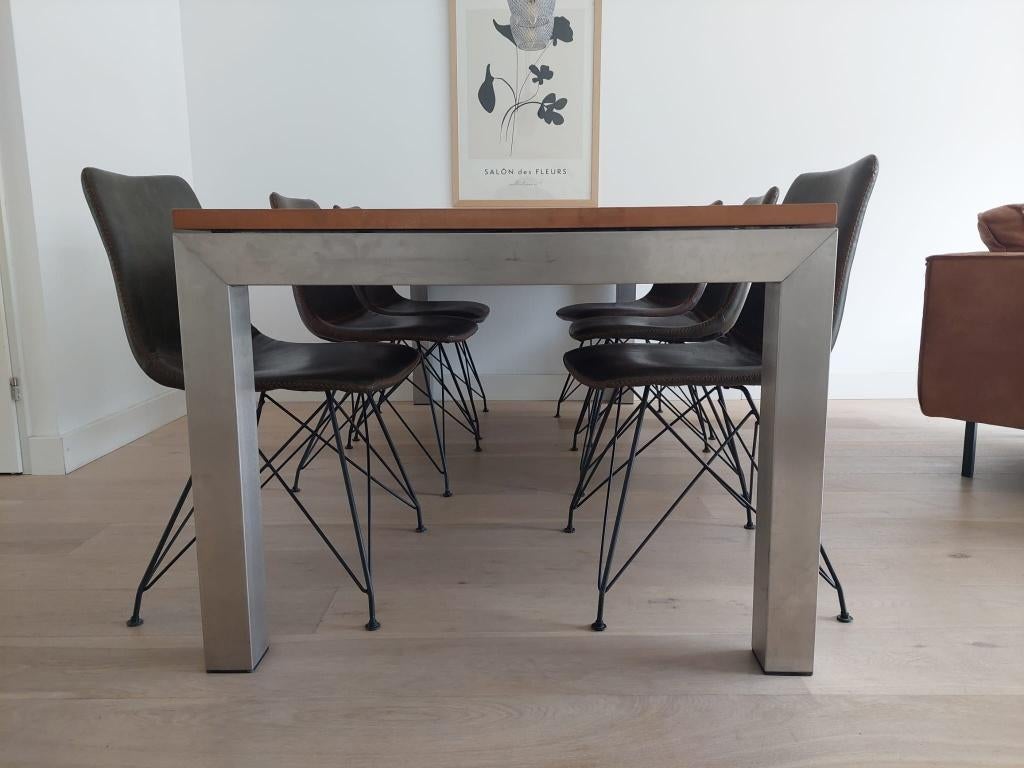 Massief essen eettafel 220x100cm; RVS poten., Gebruikt, 100 tot 150 cm, 200 cm of meer, Vijf personen of meer
