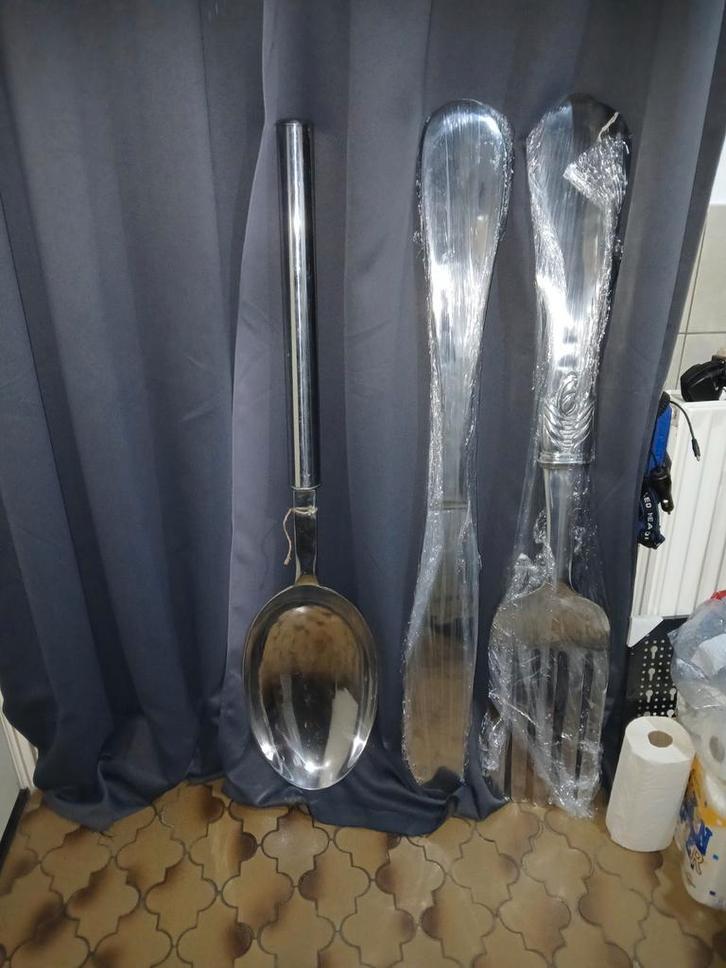 Lepel vork en mes verchroomd +/- 130 cm lang € 260 set, Huis en Inrichting, Woonaccessoires | Wanddecoraties, Nieuw, Ophalen