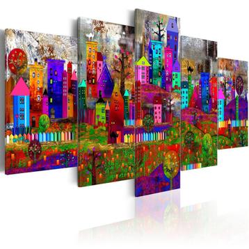 168 Abstract Colors Huisjes 5 Luik Canvas Schilderij 200x100 beschikbaar voor biedingen