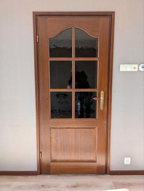 Klassieke Vintage binnen opdekdeur met geel profiel glas, Doe-het-zelf en Verbouw, Deuren en Horren, Gebruikt, Binnendeur, 200 tot 215 cm
