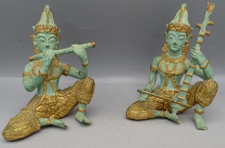 Gandharva’s Hemelse Muzikanten set van 2 brons verguld beeld, Antiek en Kunst, Kunst | Beelden en Houtsnijwerken, Ophalen of Verzenden