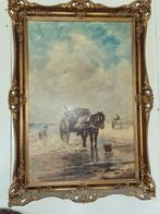 Twee schelpenvissers met paardenkarren aan zee, Antiek en Kunst, Kunst | Schilderijen | Klassiek, Ophalen of Verzenden