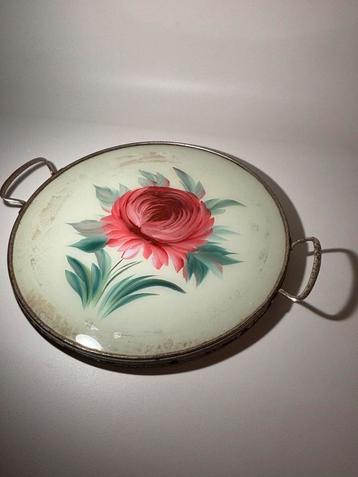 Vintage rond dienblad - handbeschilderd bloemmotief (‘50/60) beschikbaar voor biedingen