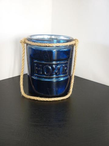 Blauwe Kandelaar met tekst HOME & touw / theelichthouder  beschikbaar voor biedingen