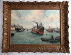 Groot schilderij havengezicht, olieverf op doek, gesigneerd., Ophalen