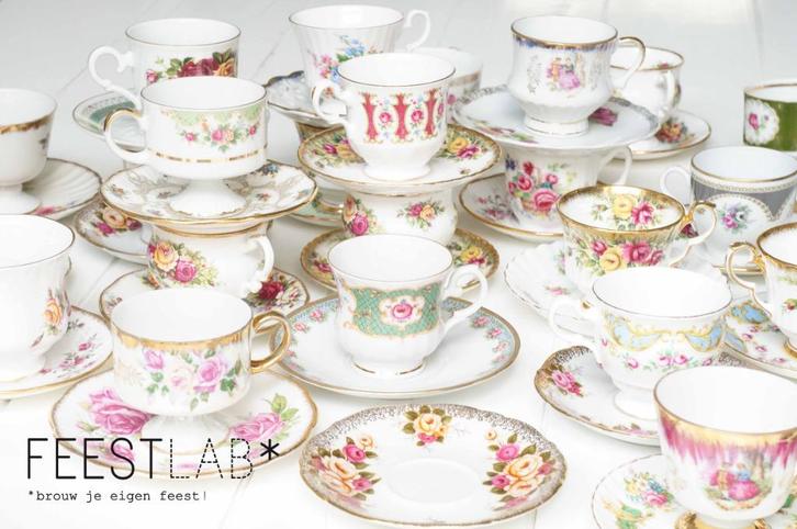 bruiloft, verjaardag feest, huur vintage high tea servies!, Hobby en Vrije tijd, Feestartikelen | Verhuur, Verjaardag, Ophalen