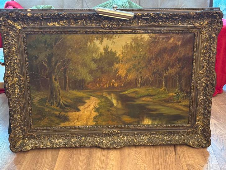Olieverfschilderij boslandschap in een rijk versierde lijst, Antiek en Kunst, Kunst | Schilderijen | Klassiek, Ophalen