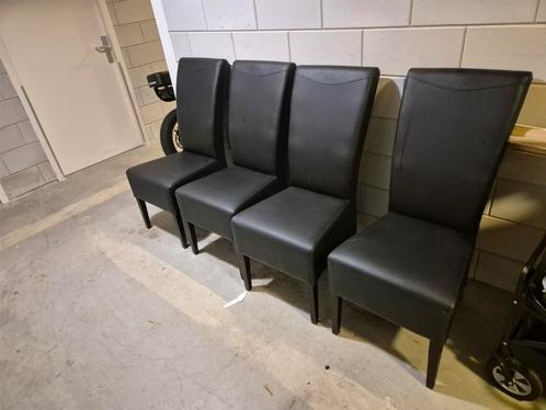 4 Zwarte Leren Eetkamerstoelen, Huis en Inrichting, Stoelen, Gebruikt, Vier, Leer, Zwart, Ophalen