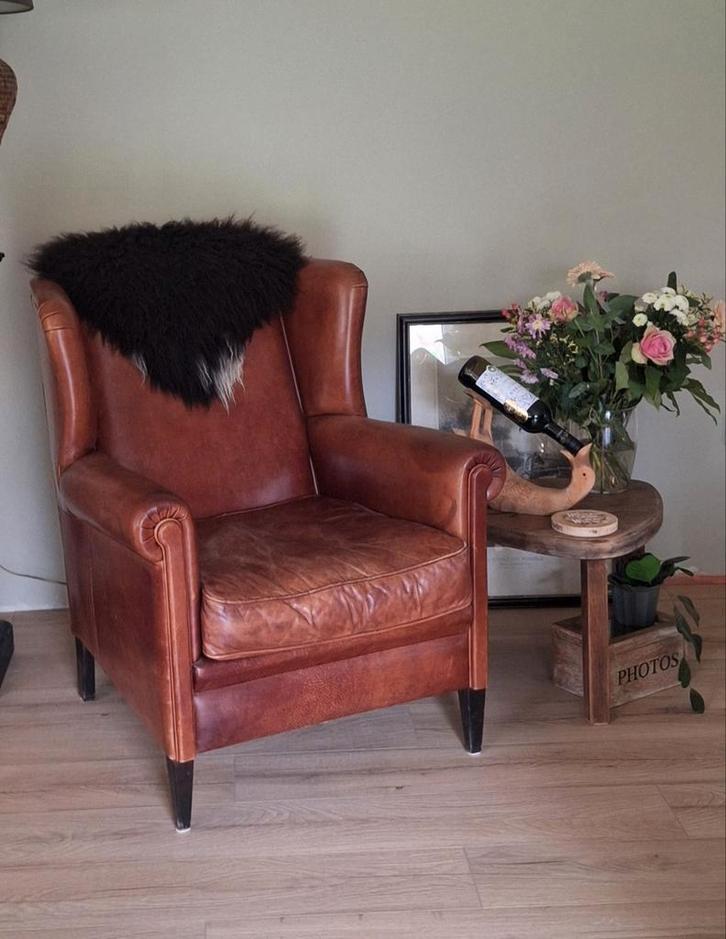 Prachtige schapenleren oorfauteuil damesmodel, Huis en Inrichting, Fauteuils, Gebruikt, 75 tot 100 cm, Ophalen of Verzenden