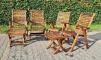4 Queens Teak standenstoelen met 2 voetenbankjes, inklapbaar, Ophalen, 4 zitplaatsen, Gebruikt, Teakhout