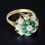 Prachtige 14 k gouden Damesring Parels & groenen Steentjes, Verzenden, ., ., Dame