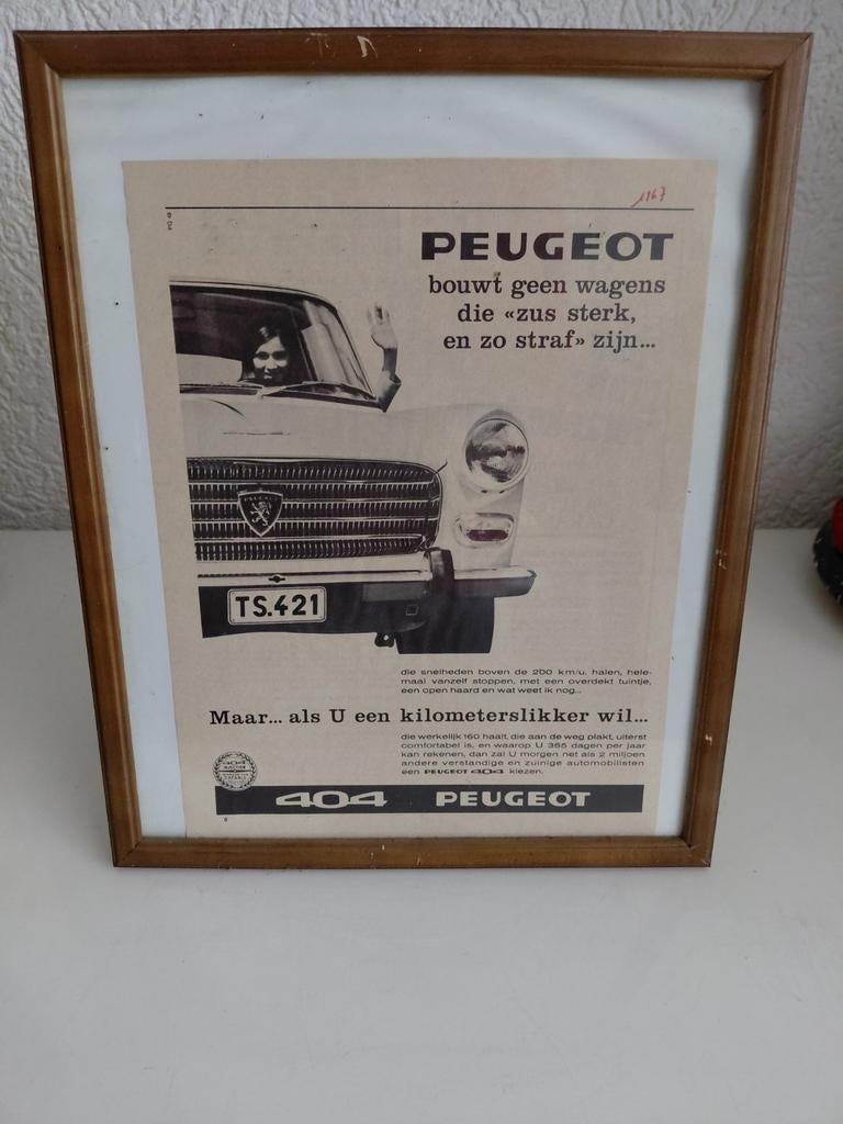 Kader met oude reclame peugeot, Verzamelen, Ophalen of Verzenden, Gebruikt, Reclamebord