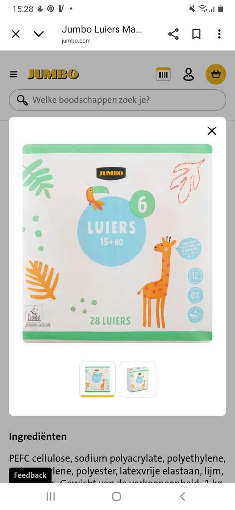 Jumbo Luiers 15+ kg - 28 stuks, Ophalen of Verzenden, Nieuw, Overige typen