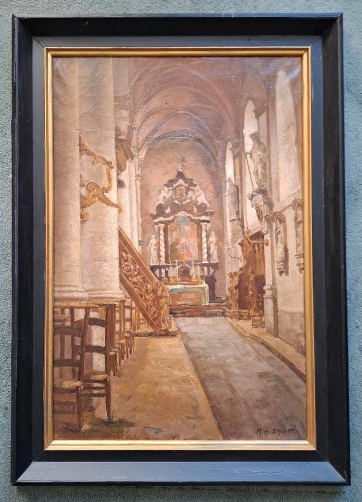 schilderij kerkinterieur jaren 1940, Antiek en Kunst, Kunst | Schilderijen | Klassiek, Ophalen of Verzenden