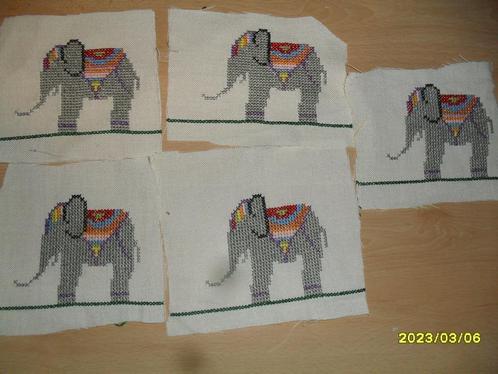 5 Geborduurde OLIFANTEN in zeer goede staat. Verkoop ook DMC, Hobby en Vrije tijd, Borduren en Borduurmachines, Zo goed als nieuw