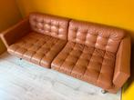 Landskrona 3-zitsbank goudbruin leer, Ophalen, Gebruikt, Driepersoons, 75 tot 100 cm