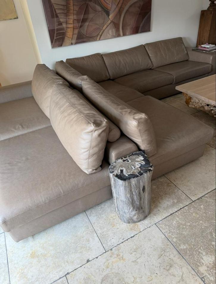 Leren bankstel, groot, taupe, Huis en Inrichting, Banken | Bankstellen, Gebruikt, Hoekbank, Vierpersoons of meer, 300 cm of meer