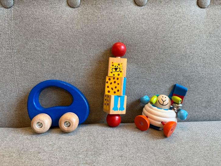 Houten speelgoed Goki auto, schaapje en puzzeltje, Kinderen en Baby's, Speelgoed | Houten speelgoed, Zo goed als nieuw, Overige typen
