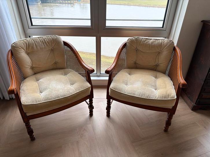 2 Klassieke Giorgetti fauteuils in rotan en bamboe stijl., Huis en Inrichting, Stoelen, Gebruikt, Twee, Hout, Bruin, Ophalen